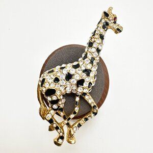 Gold Tone White Crystal & Black Enamel Giraffe Brooch Size 3.5" Length